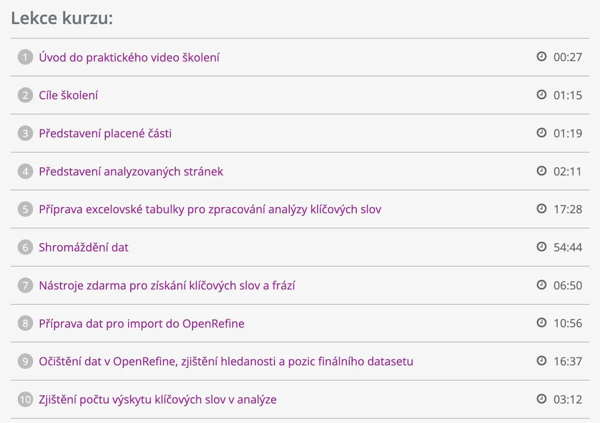 Práce s klíčovými slovy a daty v online kurzu SEO